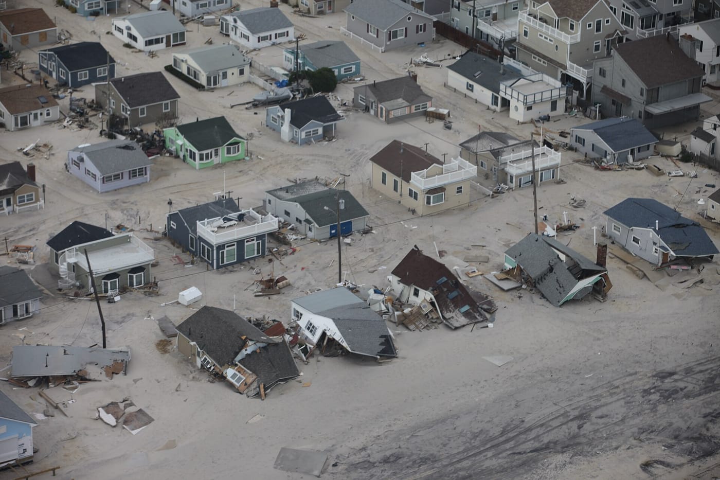 Aerial view of storm-damaged houses along the New Jersey shore