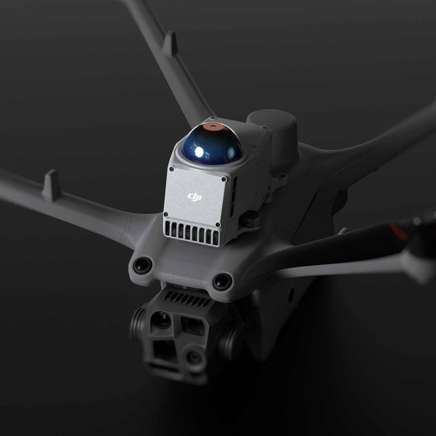 DJI Matrice 4D-series aircraft, close-up of top module and gimbal